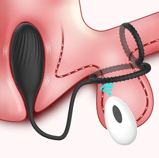 Cockring avec balle anale vibrante en Silicone Noir