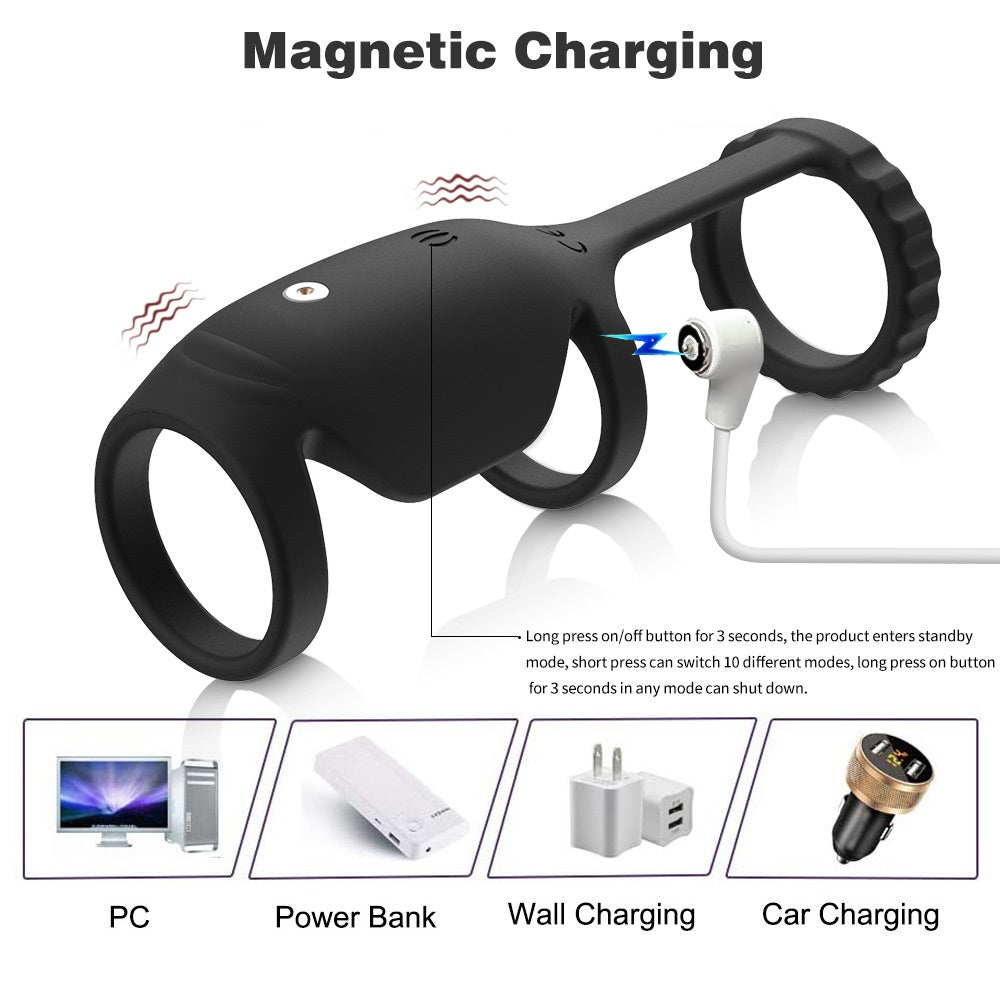 Vibrating Penis Ring - 10 Modes & 3 Elastic Cock Rings - Black