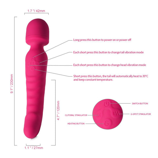 Chauffage Vibromasseur 22 cm 2-Wege-Stab Vibro Masseur ohne Filter mit 7 ultra-leistungsstarken Vibrationsmodi – 2 Motoren Masseur für therapeutisches Personal – Wiederaufladbar über USB